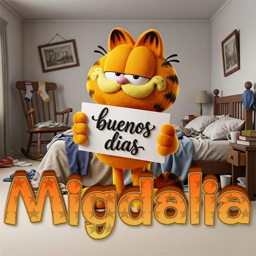 Garfield en dormitorio con pizarra blanca que dice 'Buenos Días', nombre en base 3D degradada naranja abajo. Nombre personalizado: Migdalia.
