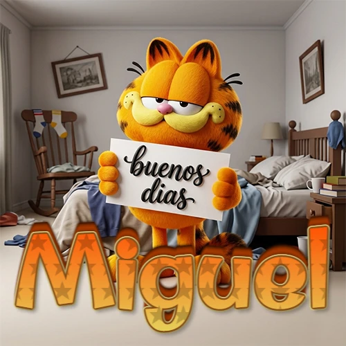 Garfield en dormitorio con pizarra blanca que dice 'Buenos Días', nombre en base 3D degradada naranja abajo. Nombre personalizado: Miguel.