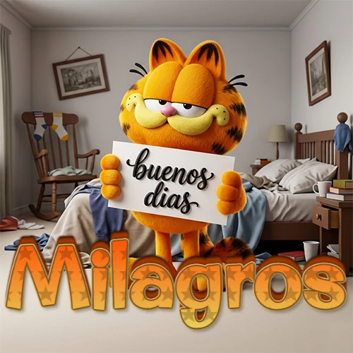 Garfield en dormitorio con pizarra blanca que dice 'Buenos Días', nombre en base 3D degradada naranja abajo. Nombre personalizado: Milagros.