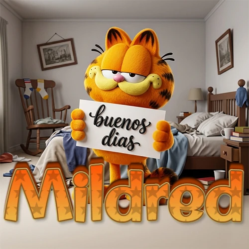 Garfield en dormitorio con pizarra blanca que dice 'Buenos Días', nombre en base 3D degradada naranja abajo. Nombre personalizado: Mildred.