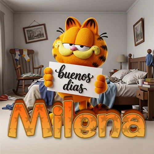 Garfield en dormitorio con pizarra blanca que dice 'Buenos Días', nombre en base 3D degradada naranja abajo. Nombre personalizado: Milena.