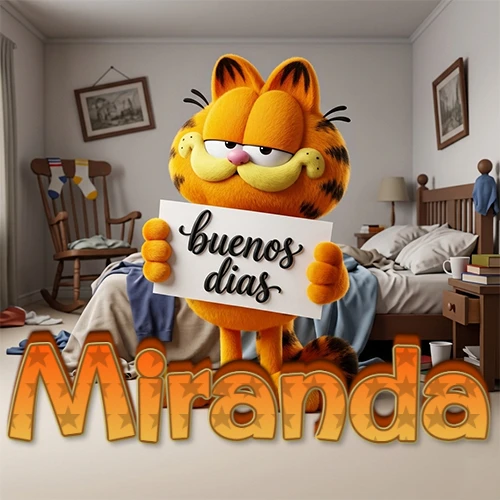 Garfield en dormitorio con pizarra blanca que dice 'Buenos Días', nombre en base 3D degradada naranja abajo. Nombre personalizado: Miranda.
