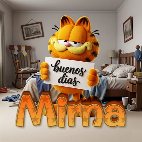 Garfield en dormitorio con pizarra blanca que dice 'Buenos Días', nombre en base 3D degradada naranja abajo. Nombre personalizado: Mirna.