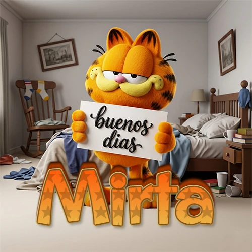 Garfield en dormitorio con pizarra blanca que dice 'Buenos Días', nombre en base 3D degradada naranja abajo. Nombre personalizado: Mirta. Garfield en dormitorio con pizarra blanca que dice 'Buenos Días', nombre en base 3D degradada naranja abajo. Nombre personalizado: Mirta.
