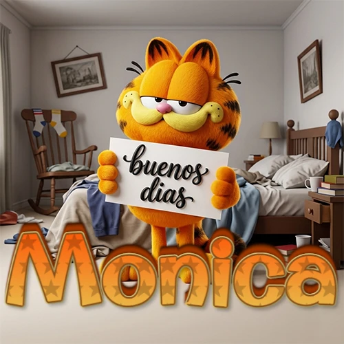 Garfield en dormitorio con pizarra blanca que dice 'Buenos Días', nombre en base 3D degradada naranja abajo. Nombre personalizado: Monica.