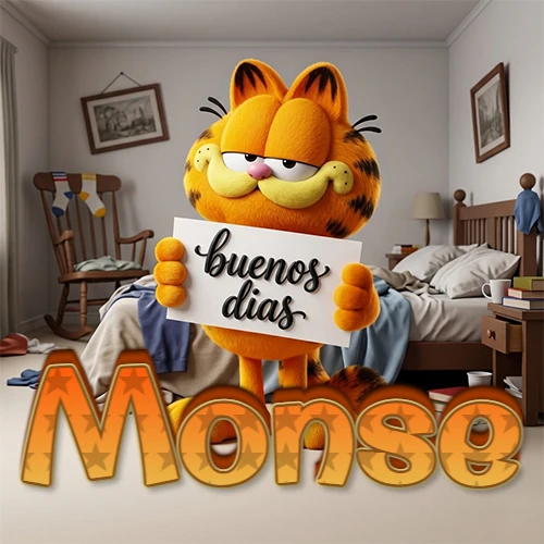 Garfield en dormitorio con pizarra blanca que dice 'Buenos Días', nombre en base 3D degradada naranja abajo. Nombre personalizado: Monse.