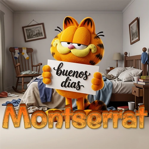 Garfield en dormitorio con pizarra blanca que dice 'Buenos Días', nombre en base 3D degradada naranja abajo. Nombre personalizado: Montserrat.