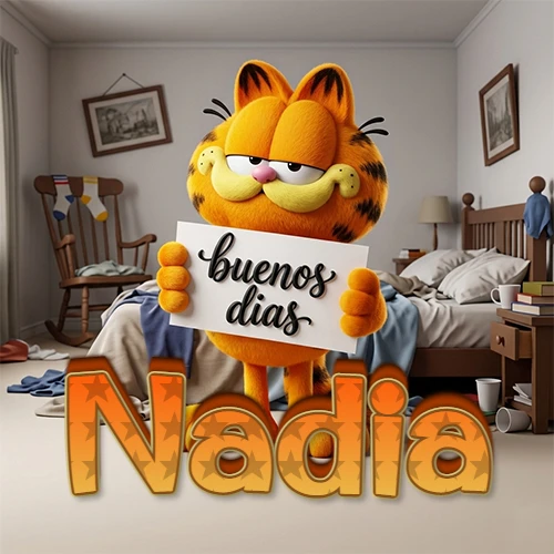 Garfield en dormitorio con pizarra blanca que dice 'Buenos Días', nombre en base 3D degradada naranja abajo. Nombre personalizado: Nadia.