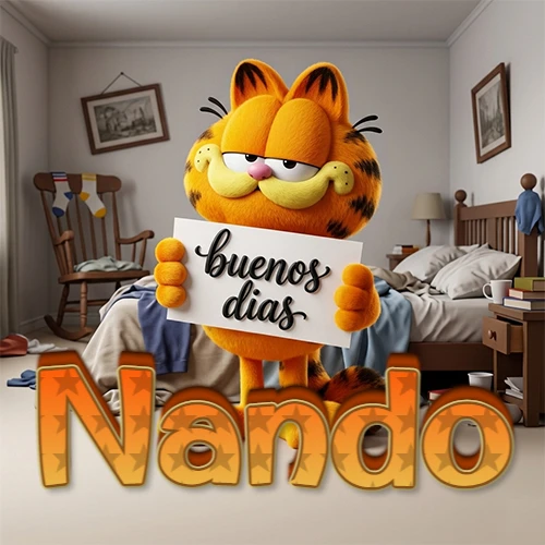 Garfield en dormitorio con pizarra blanca que dice 'Buenos Días', nombre en base 3D degradada naranja abajo. Nombre personalizado: Nando.