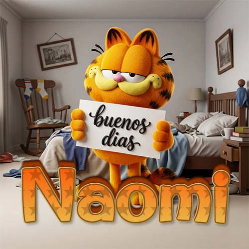 Garfield en dormitorio con pizarra blanca que dice 'Buenos Días', nombre en base 3D degradada naranja abajo. Nombre personalizado: Naomi.