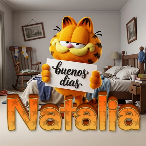 Garfield en dormitorio con pizarra blanca que dice 'Buenos Días', nombre en base 3D degradada naranja abajo. Nombre personalizado: Natalia.