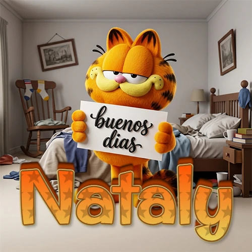 Garfield en dormitorio con pizarra blanca que dice 'Buenos Días', nombre en base 3D degradada naranja abajo. Nombre personalizado: Nataly.
