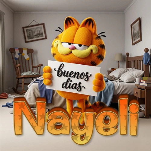 Garfield en dormitorio con pizarra blanca que dice 'Buenos Días', nombre en base 3D degradada naranja abajo. Nombre personalizado: Nayeli.