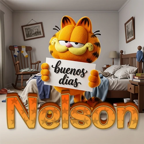 Garfield en dormitorio con pizarra blanca que dice 'Buenos Días', nombre en base 3D degradada naranja abajo. Nombre personalizado: Nelson.