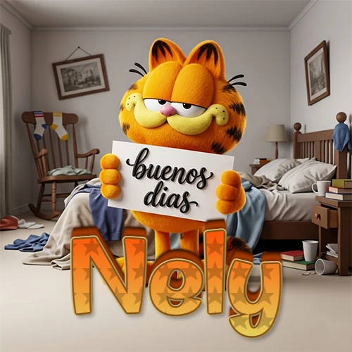 Garfield en dormitorio con pizarra blanca que dice 'Buenos Días', nombre en base 3D degradada naranja abajo. Nombre personalizado: Nely.
