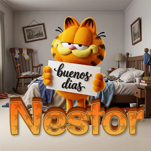 Garfield en dormitorio con pizarra blanca que dice 'Buenos Días', nombre en base 3D degradada naranja abajo. Nombre personalizado: Nestor.