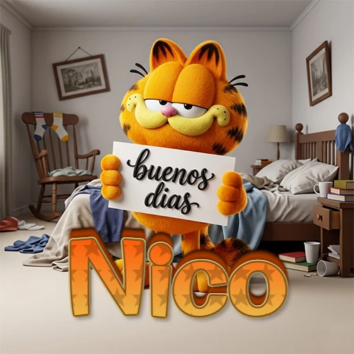 Garfield en dormitorio con pizarra blanca que dice 'Buenos Días', nombre en base 3D degradada naranja abajo. Nombre personalizado: Nico.
