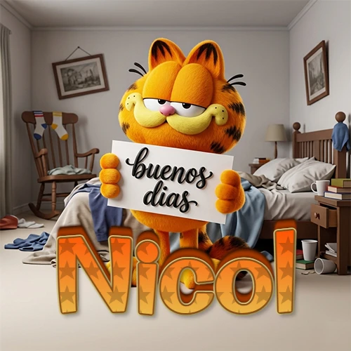 Garfield en dormitorio con pizarra blanca que dice 'Buenos Días', nombre en base 3D degradada naranja abajo. Nombre personalizado: Nicol. Garfield en dormitorio con pizarra blanca que dice 'Buenos Días', nombre en base 3D degradada naranja abajo. Nombre personalizado: Nicol.