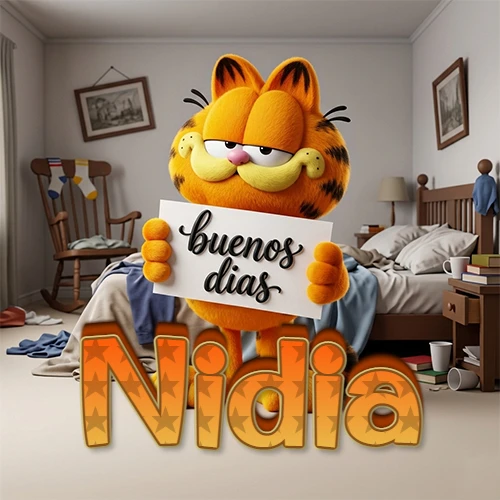 Garfield en dormitorio con pizarra blanca que dice 'Buenos Días', nombre en base 3D degradada naranja abajo. Nombre personalizado: Nidia.