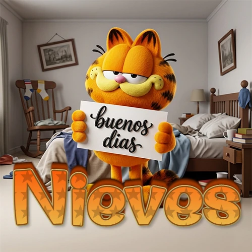 Garfield en dormitorio con pizarra blanca que dice 'Buenos Días', nombre en base 3D degradada naranja abajo. Nombre personalizado: Nieves.