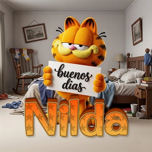 Garfield en dormitorio con pizarra blanca que dice 'Buenos Días', nombre en base 3D degradada naranja abajo. Nombre personalizado: Nilda.