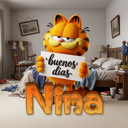 Garfield en dormitorio con pizarra blanca que dice 'Buenos Días', nombre en base 3D degradada naranja abajo. Nombre personalizado: Nina.