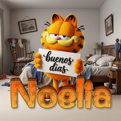 Garfield en dormitorio con pizarra blanca que dice 'Buenos Días', nombre en base 3D degradada naranja abajo. Nombre personalizado: Noelia.