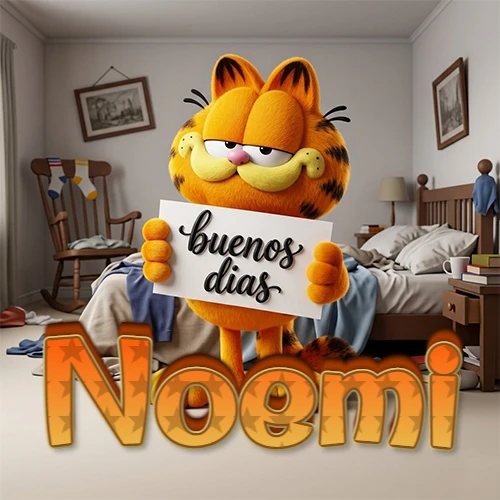 Garfield en dormitorio con pizarra blanca que dice 'Buenos Días', nombre en base 3D degradada naranja abajo. Nombre personalizado: Noemi.