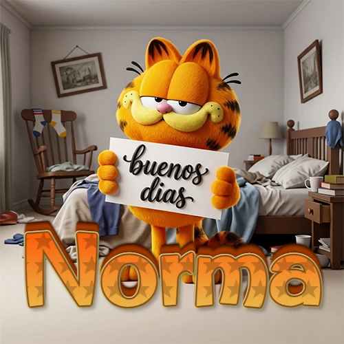 Garfield en dormitorio con pizarra blanca que dice 'Buenos Días', nombre en base 3D degradada naranja abajo. Nombre personalizado: Norma.