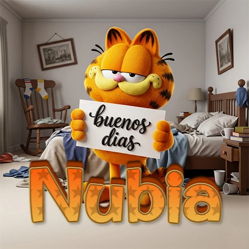 Garfield en dormitorio con pizarra blanca que dice 'Buenos Días', nombre en base 3D degradada naranja abajo. Nombre personalizado: Nubia.