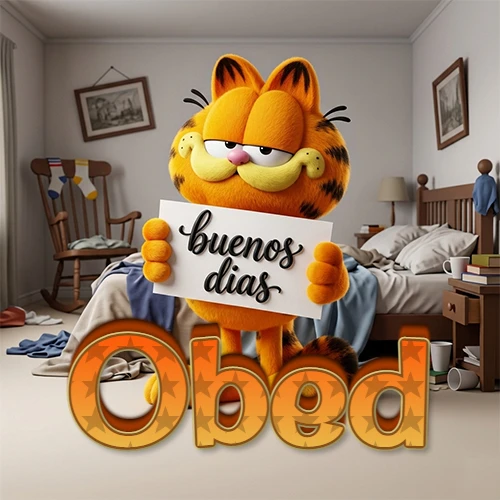 Garfield en dormitorio con pizarra blanca que dice 'Buenos Días', nombre en base 3D degradada naranja abajo. Nombre personalizado: Obed.