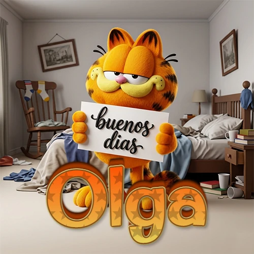 Garfield en dormitorio con pizarra blanca que dice 'Buenos Días', nombre en base 3D degradada naranja abajo. Nombre personalizado: Olga.