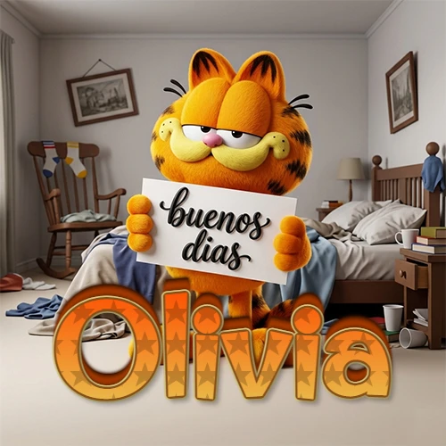 Garfield en dormitorio con pizarra blanca que dice 'Buenos Días', nombre en base 3D degradada naranja abajo. Nombre personalizado: Olivia.
