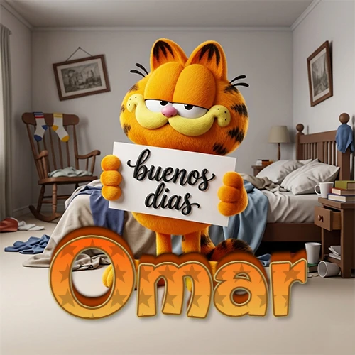 Garfield en dormitorio con pizarra blanca que dice 'Buenos Días', nombre en base 3D degradada naranja abajo. Nombre personalizado: Omar.