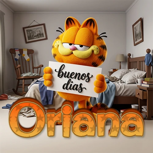 Garfield en dormitorio con pizarra blanca que dice 'Buenos Días', nombre en base 3D degradada naranja abajo. Nombre personalizado: Oriana.