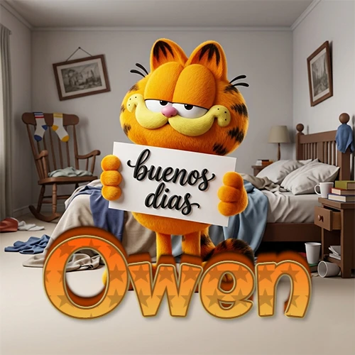 Garfield en dormitorio con pizarra blanca que dice 'Buenos Días', nombre en base 3D degradada naranja abajo. Nombre personalizado: Owen.