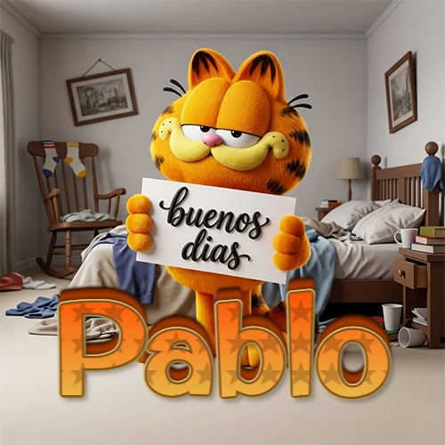 Garfield en dormitorio con pizarra blanca que dice 'Buenos Días', nombre en base 3D degradada naranja abajo. Nombre personalizado: Pablo.