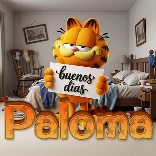 Garfield en dormitorio con pizarra blanca que dice 'Buenos Días', nombre en base 3D degradada naranja abajo. Nombre personalizado: Paloma.