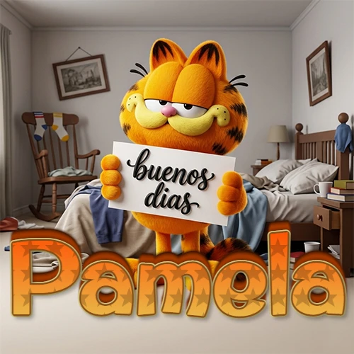 Garfield en dormitorio con pizarra blanca que dice 'Buenos Días', nombre en base 3D degradada naranja abajo. Nombre personalizado: Pamela.