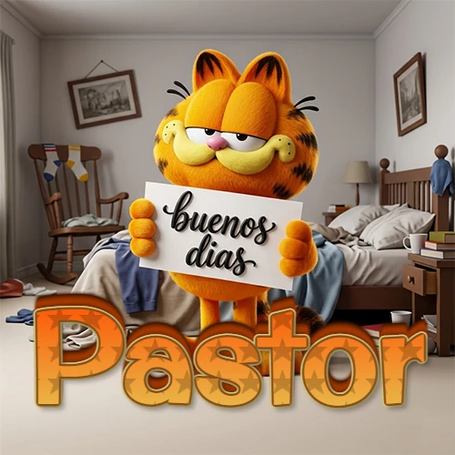 Garfield en dormitorio con pizarra blanca que dice 'Buenos Días', nombre en base 3D degradada naranja abajo. Nombre personalizado: Pastor.