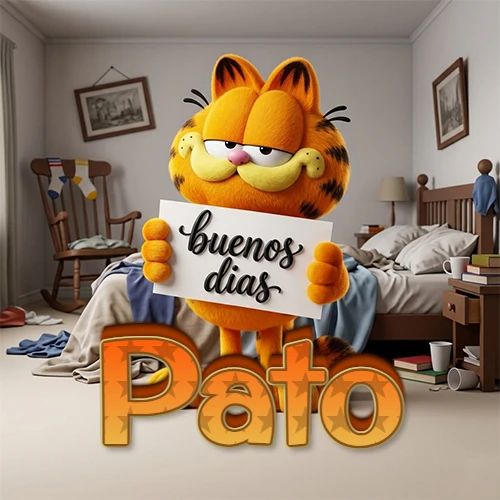 Garfield en dormitorio con pizarra blanca que dice 'Buenos Días', nombre en base 3D degradada naranja abajo. Nombre personalizado: Pato.