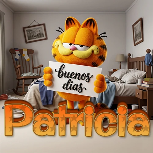 Garfield en dormitorio con pizarra blanca que dice 'Buenos Días', nombre en base 3D degradada naranja abajo. Nombre personalizado: Patricia.