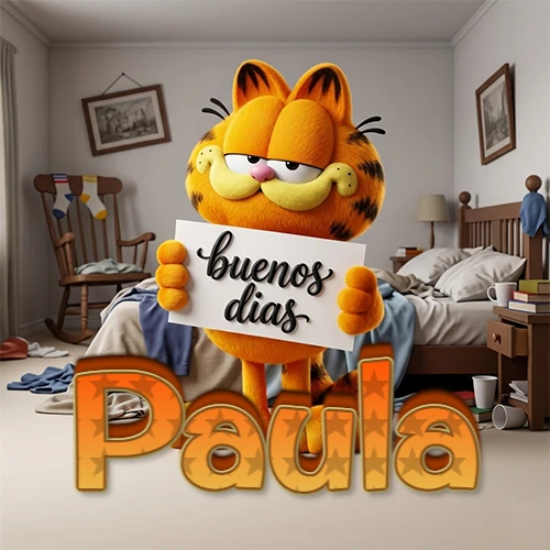 Garfield en dormitorio con pizarra blanca que dice 'Buenos Días', nombre en base 3D degradada naranja abajo. Nombre personalizado: Paula. Garfield en dormitorio con pizarra blanca que dice 'Buenos Días', nombre en base 3D degradada naranja abajo. Nombre personalizado: Paula.