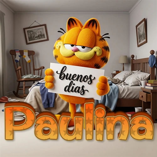 Garfield en dormitorio con pizarra blanca que dice 'Buenos Días', nombre en base 3D degradada naranja abajo. Nombre personalizado: Paulina.