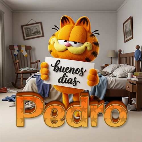 Garfield en dormitorio con pizarra blanca que dice 'Buenos Días', nombre en base 3D degradada naranja abajo. Nombre personalizado: Pedro.