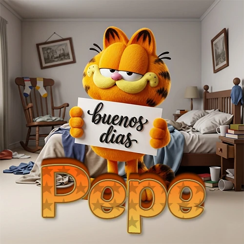 Garfield en dormitorio con pizarra blanca que dice 'Buenos Días', nombre en base 3D degradada naranja abajo. Nombre personalizado: Pepe.