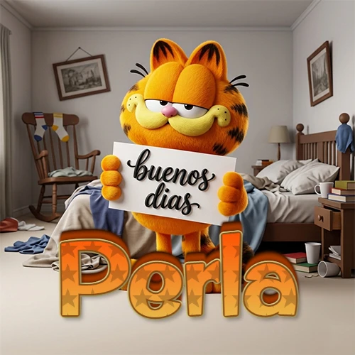 Garfield en dormitorio con pizarra blanca que dice 'Buenos Días', nombre en base 3D degradada naranja abajo. Nombre personalizado: Perla.