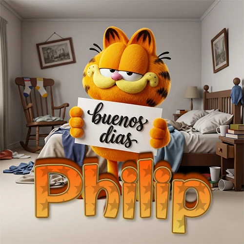 Garfield en dormitorio con pizarra blanca que dice 'Buenos Días', nombre en base 3D degradada naranja abajo. Nombre personalizado: Philip. Garfield en dormitorio con pizarra blanca que dice 'Buenos Días', nombre en base 3D degradada naranja abajo. Nombre personalizado: Philip.