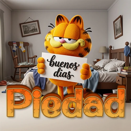Garfield en dormitorio con pizarra blanca que dice 'Buenos Días', nombre en base 3D degradada naranja abajo. Nombre personalizado: Piedad.
