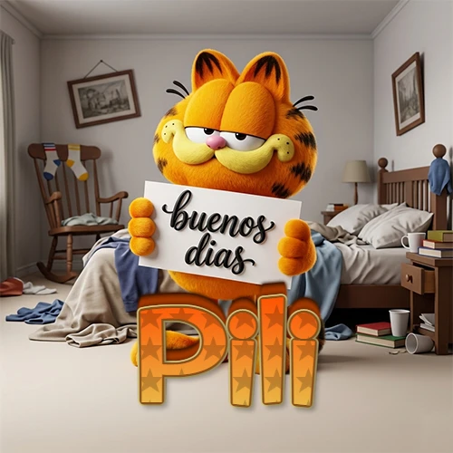 Garfield en dormitorio con pizarra blanca que dice 'Buenos Días', nombre en base 3D degradada naranja abajo. Nombre personalizado: Pili.